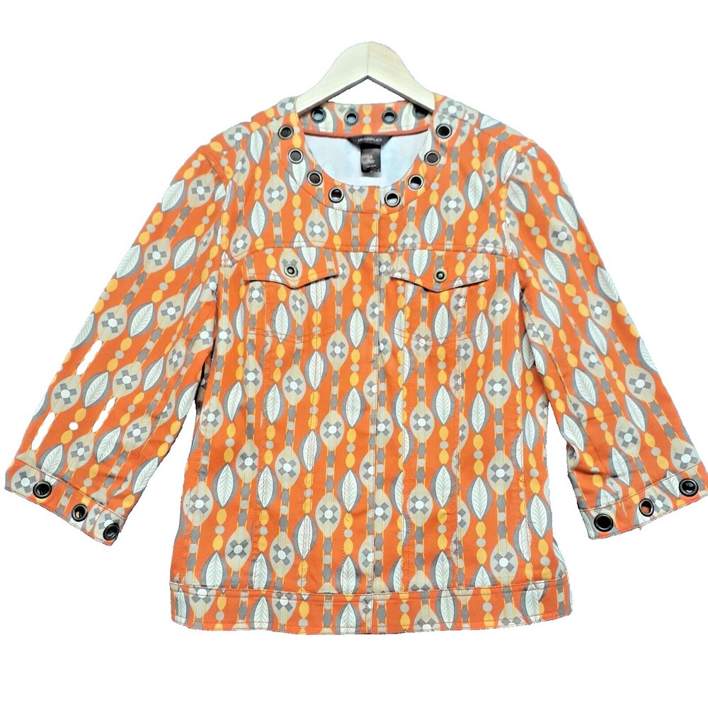 Multiples Women Sz L Orange Blazer Retro Printed Snap Button Grommett Corduroy